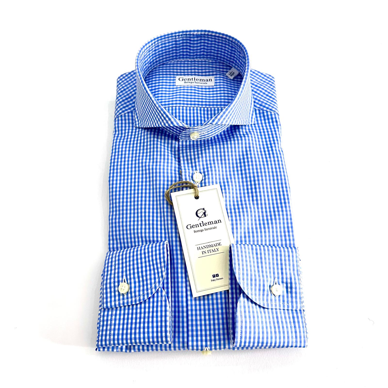 Camicia Uomo a Quadri Azzurra in Popeline – Collo Francese | Handmade in Italy
