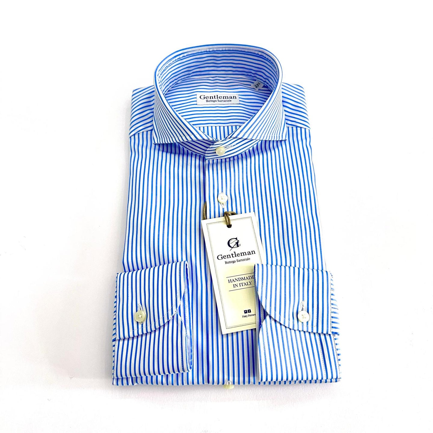 Camicia Uomo a Righe Bianche e Celeste – Cotone Doppio Ritorto, Collo Francese | Handmade in Italy