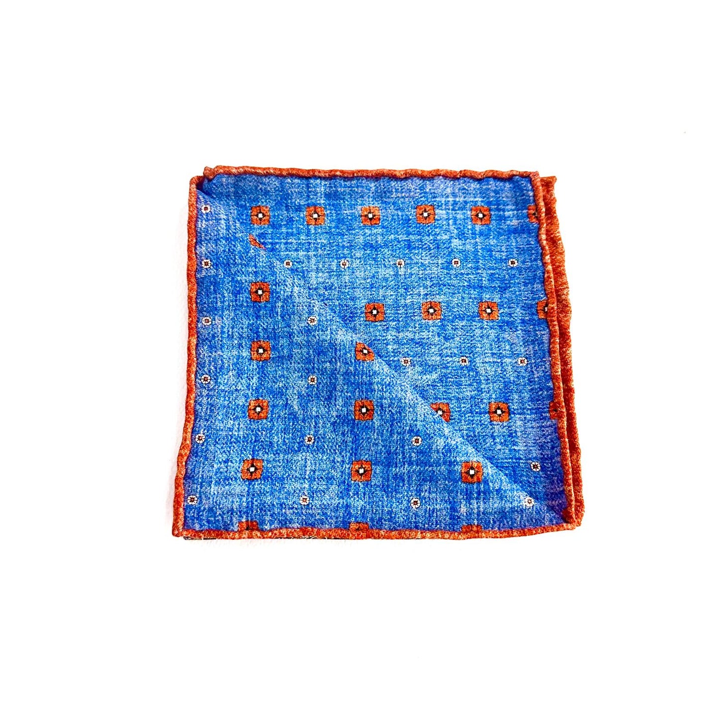 Pochette in Seta Azzurra con Micro Fantasia Arancio – Stile Sofisticato e Vivace