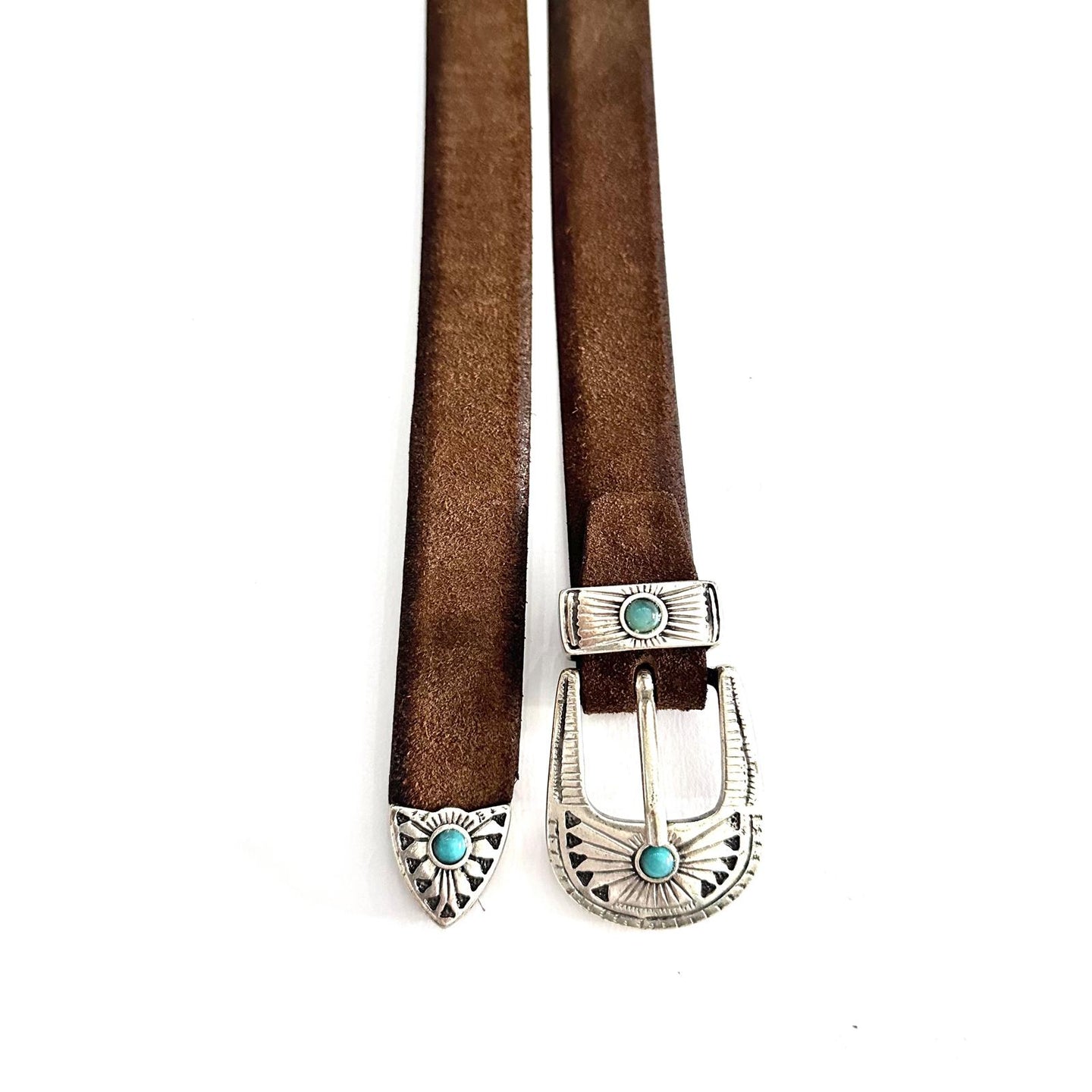 Cintura Texana in Suede Marrone con Dettagli Turchesi