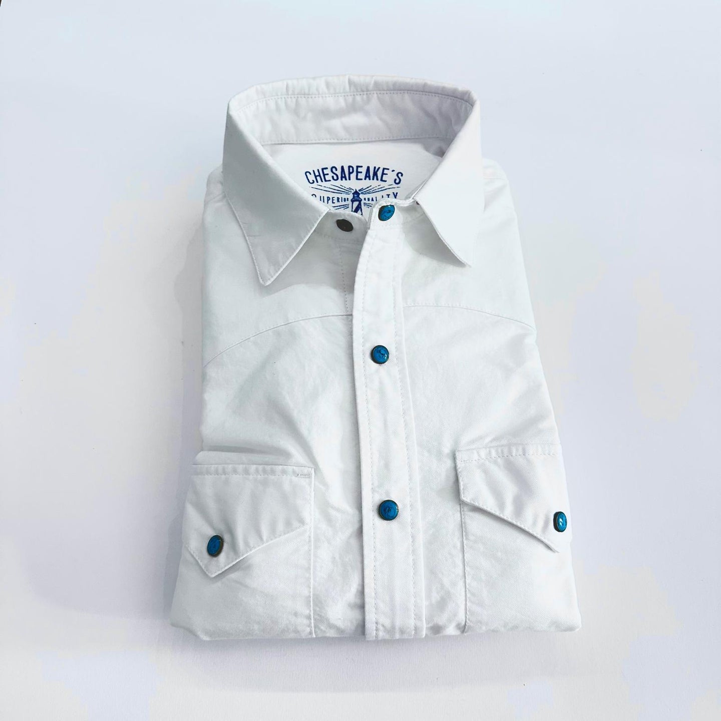 Camicia White Oxford Texana con Bottoni a Pressione Turchese – Chesapeake's