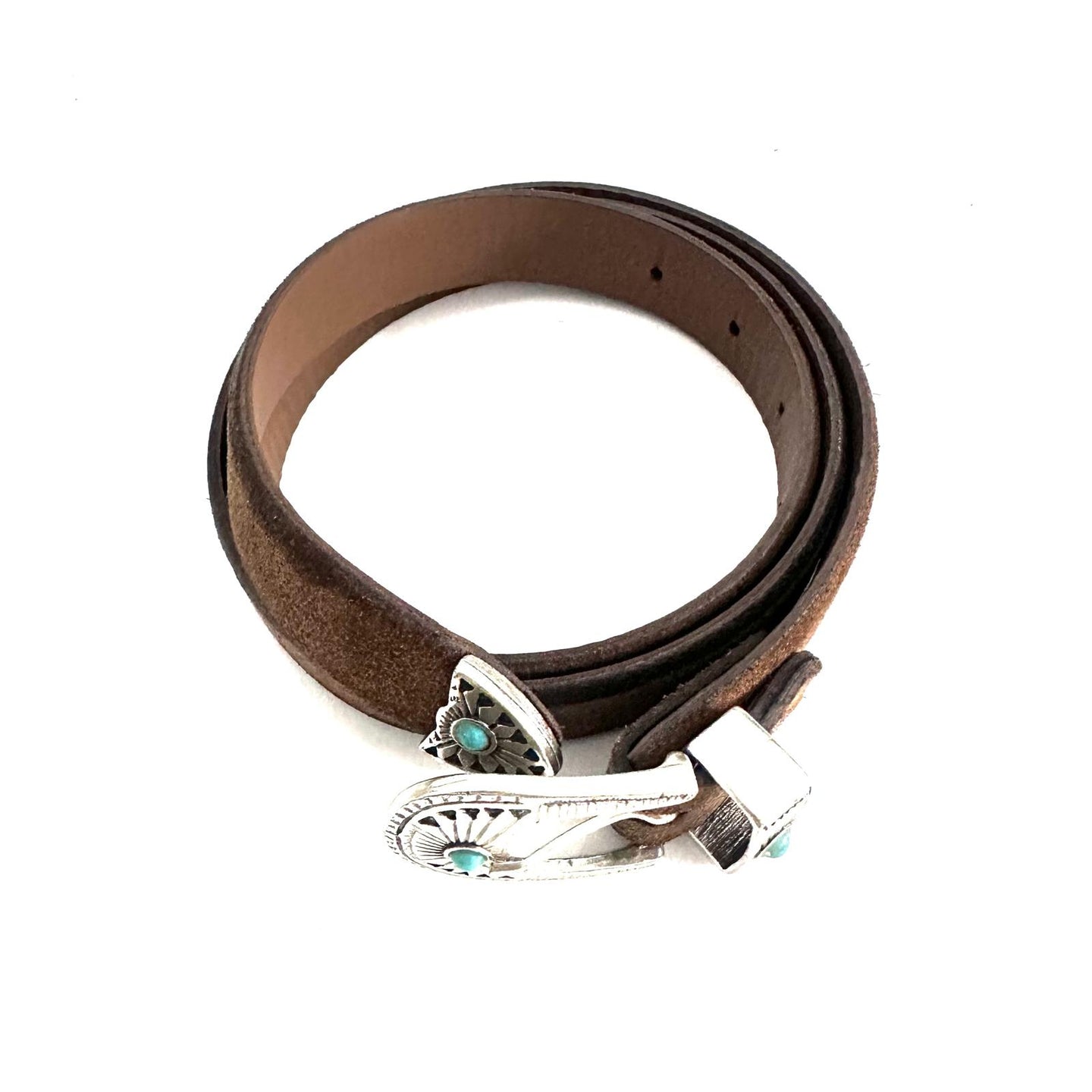 Cintura Texana in Suede Marrone con Dettagli Turchesi