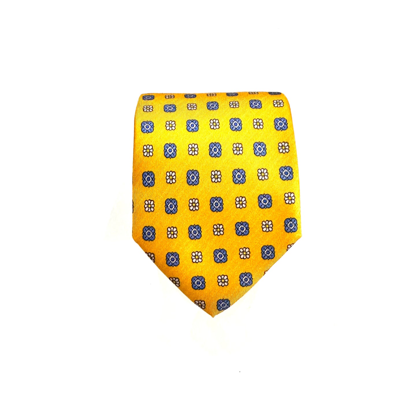 Cravatta in 100% Seta –  Motivi Geometrici  fondo giallo micro disegno azzurro 🇮🇹
