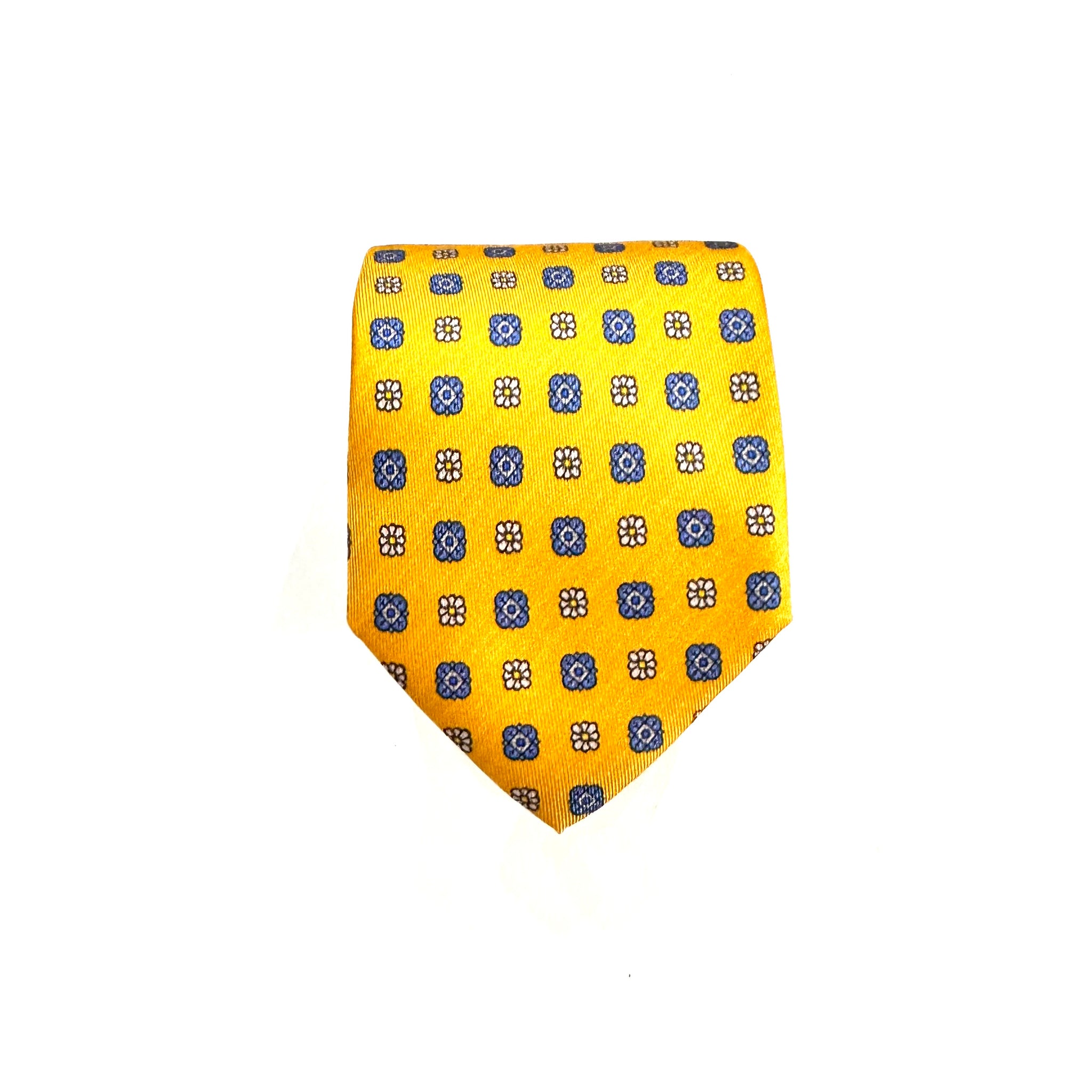 Cravatta in 100% Seta –  Motivi Geometrici  fondo giallo micro disegno azzurro 🇮🇹