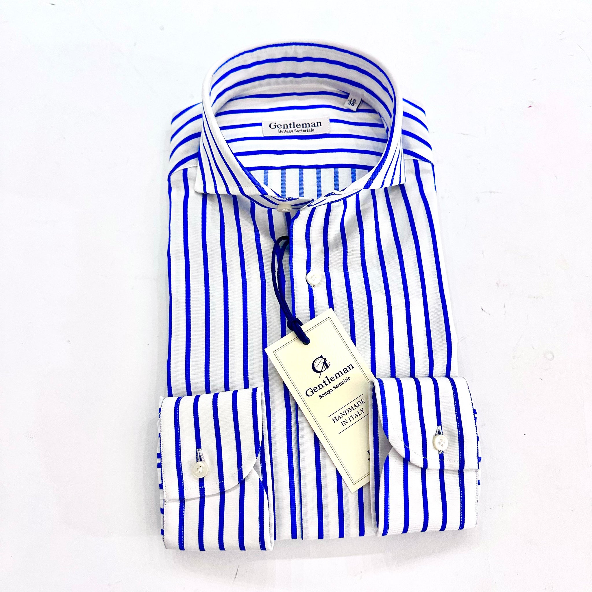 Camicia uomo popeline Doppio Ritorto Fondo Bianco a righe azzurre And Made in italy 🇮🇹“Gentleman Bottega Sartoriale
