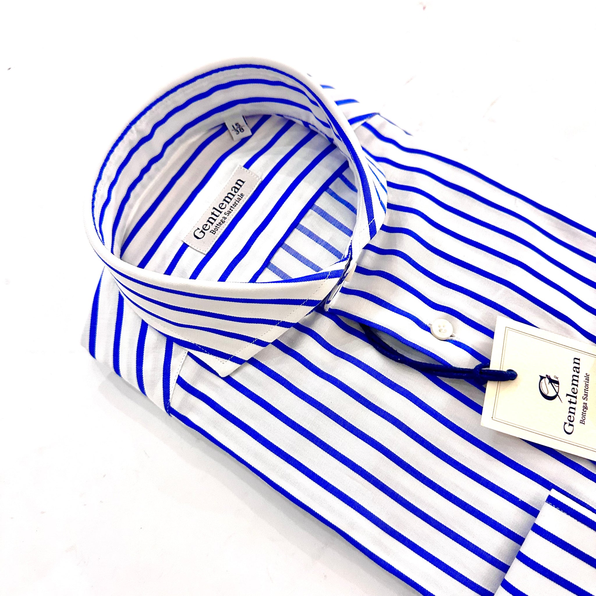Camicia uomo popeline Doppio Ritorto Fondo Bianco a righe azzurre And Made in italy 🇮🇹“Gentleman Bottega Sartoriale