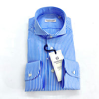 Camicia Uomo a righe bianche e Azzurro - in Popeline Doppio Ritorto – Collo Francese | Handmade in Italy 🇮🇹