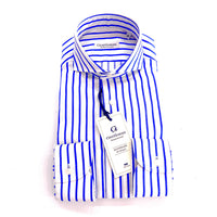 Camicia uomo popeline Doppio Ritorto Fondo Bianco a righe azzurre And Made in italy 🇮🇹“Gentleman Bottega Sartoriale