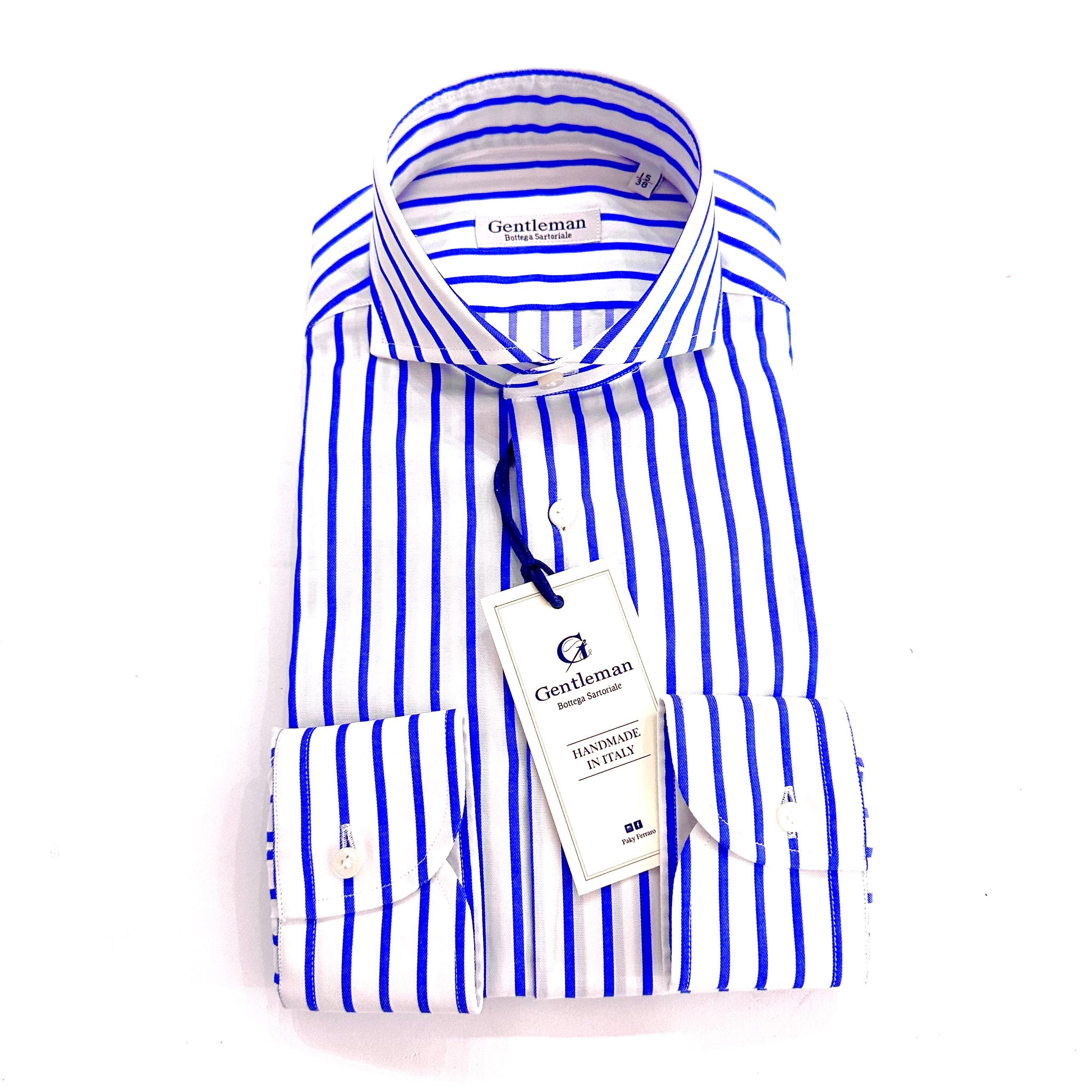 Camicia uomo popeline Doppio Ritorto Fondo Bianco a righe azzurre And Made in italy 🇮🇹“Gentleman Bottega Sartoriale