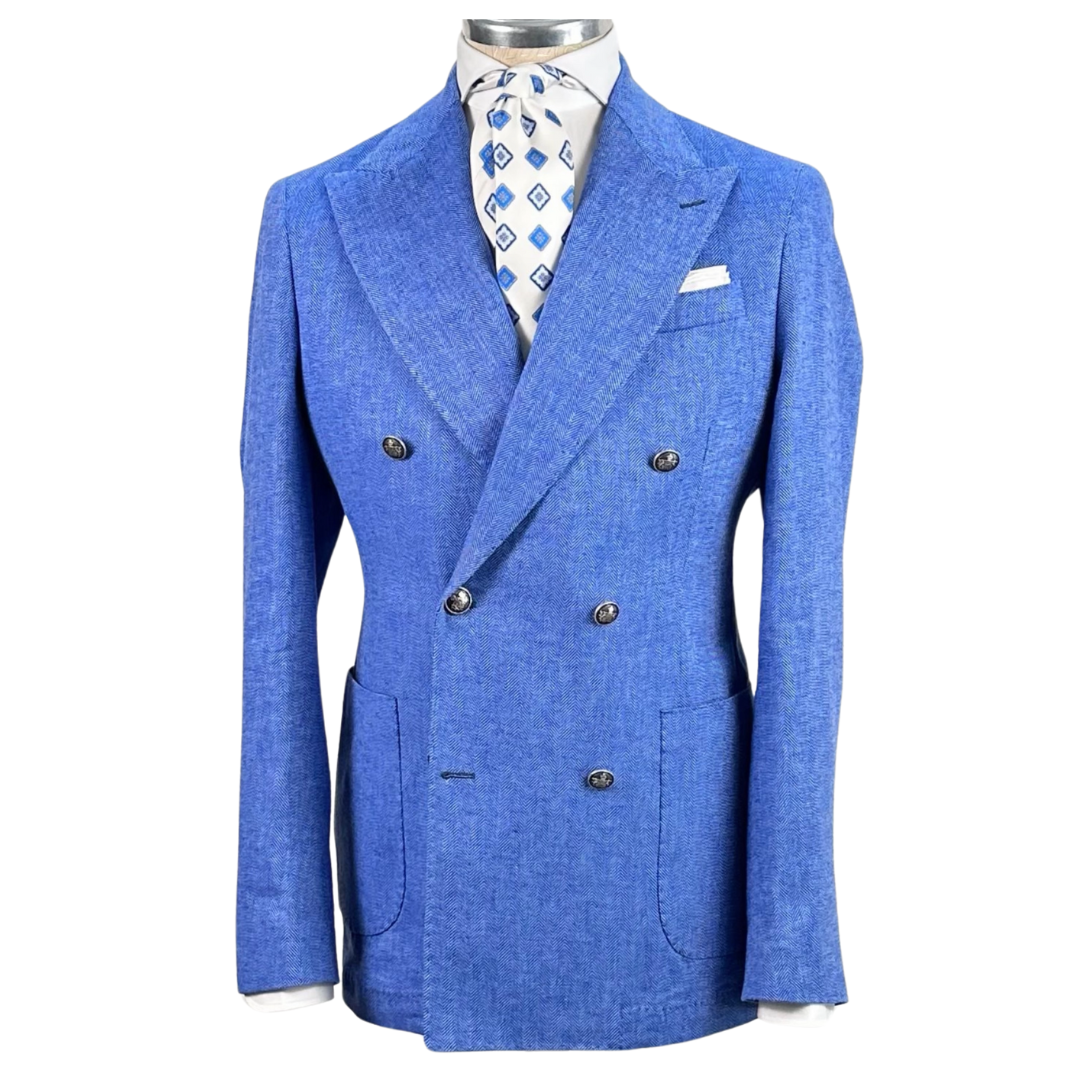 Giacca Doppiopetto Uomo Azzurra Raffaele Tagliente Breras – Lino e Cotone 50/50 | Eleganza Estiva Made in Italy